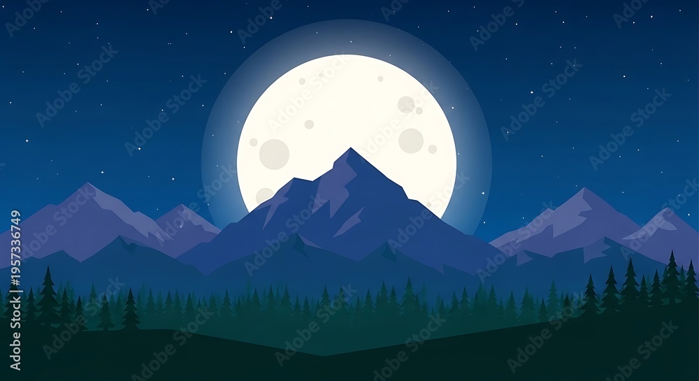 Obraz premium A serene night mountain landscape with glowing moon and stars over a dark forest silhouette