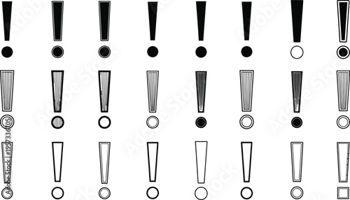 A collection of typographic exclamation marks and punctuation symbols in various styles and sizes on a white background