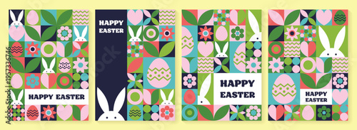 Easter bunny, egg and flower background. Collection of geometric greeting cards with cartoon elements. Vector illustration