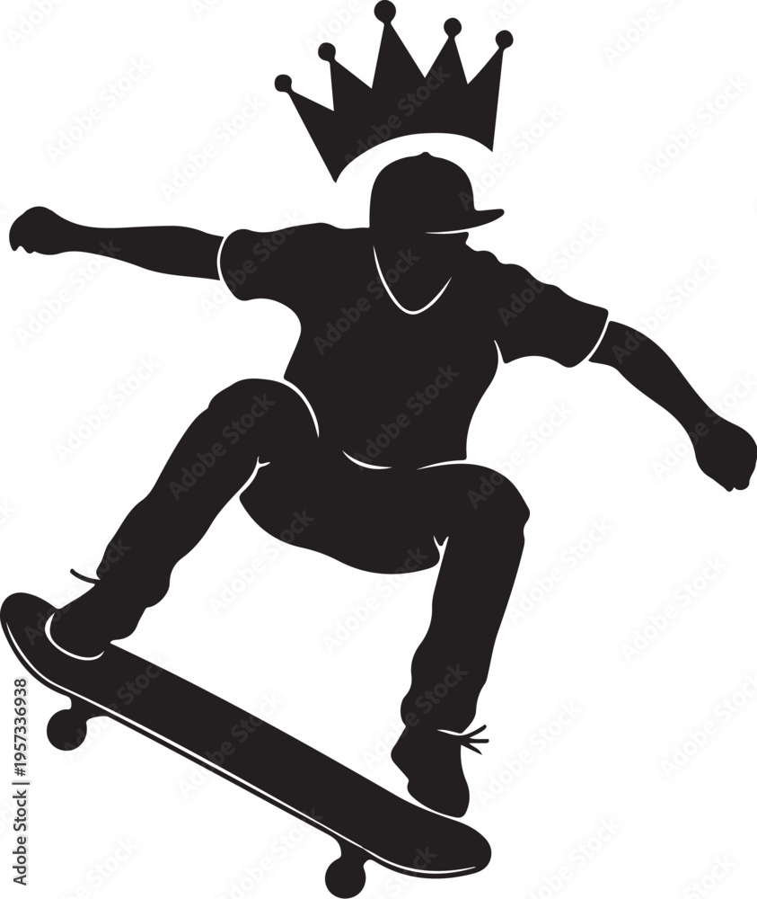 Fototapeta premium Black silhouette skateboarder, crown, dynamic pose, vector graphic