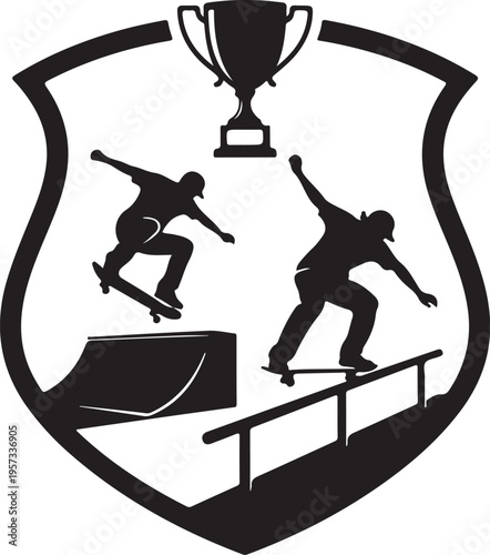 Skateboarding trophy shield, skateboarders competing, black silhouette vector, sports emblem, athletic badge