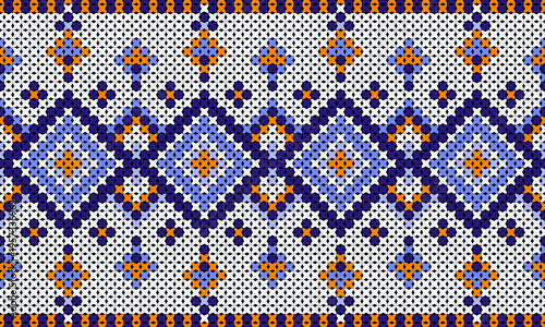 Native-style cross-stitch yarn pattern with dark blue border and orange stripes; contemporary Indian fabric pattern.