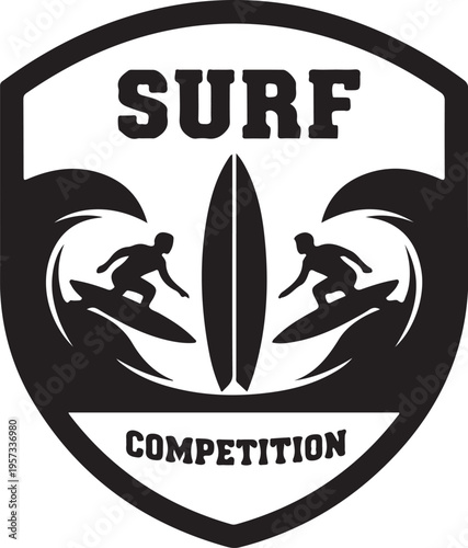 Surfing competition logo, surf contest badge, black and white shield icon, surfing sports emblem
