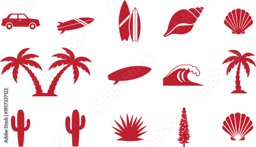 Red silhouette icons of beach and desert plants vehicles and surfing equipment