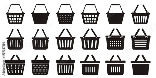 A collection of eighteen diverse black and white shopping basket icons in a grid layout pattern