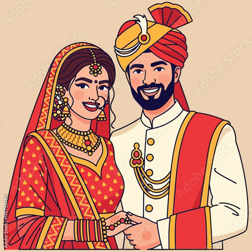 Beautiful Indian wedding portrait of smiling bride and groom in traditional bridal wear