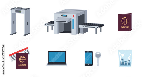 A grid of airport security icons including scanners, passports, and personal items is displayed on a white background.