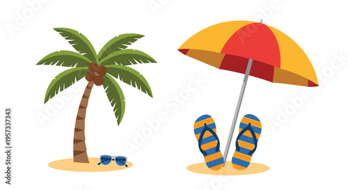 A palm tree with sunglasses and a beach umbrella with flip-flops are depicted on sand against a white background.