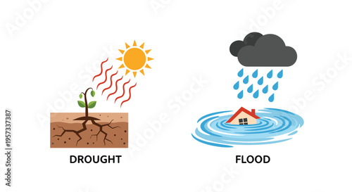 Icons depicting drought with a wilting plant and flood with a submerged house are presented on a white background.