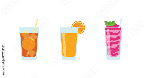 Three different drinks, including iced tea, orange juice, and a pink smoothie, are presented in glasses on a white background.