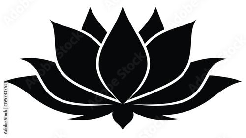 A minimalist black silhouette of a blooming lotus flower isolated against a clean white background