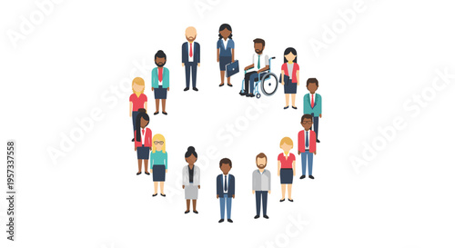 A diverse group of fifteen stylized people, including one in a wheelchair, stands in a circle.