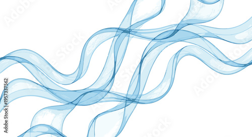 Multiple translucent blue wavy lines intertwine and overlap across a pristine white background.