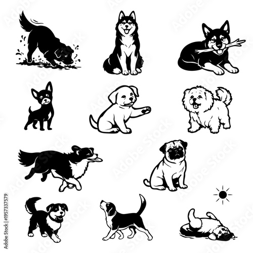 Set of Cute Dog Silhouettes in Various Activities Cartoon Style