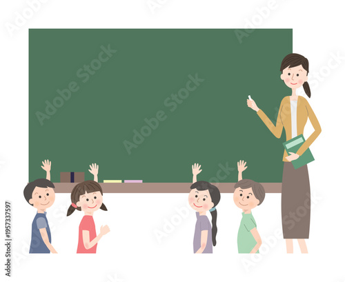 黒板を使って説明する女性の先生と子供たち
