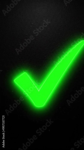 A large, neon green checkmark on a dark background with a white vertical stripe, symbolizing approval or confirmation