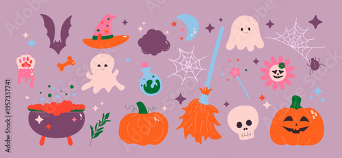 A cute children's set featuring Halloween doodles, pumpkin, Dracula cat paw, ghost, skull, spider web, potion, bone, hat, and bat. Spooky autumn season. Trendy cartoon style. Flat  lilac background.
