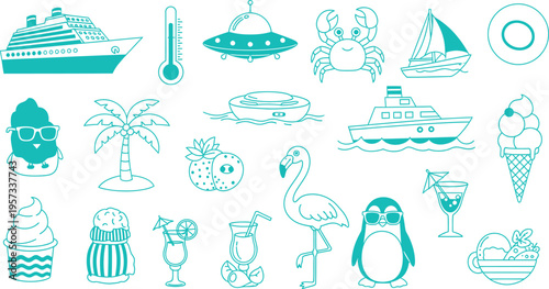 Teal beach and summer vacation icons collection