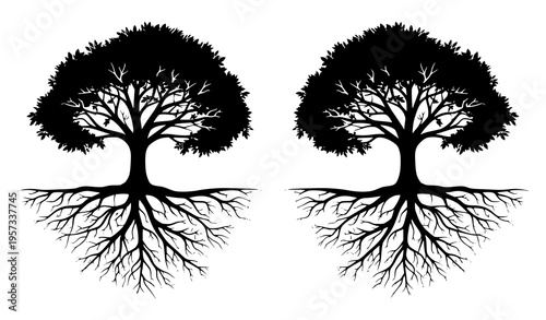 Tree Silhouette with Roots Symbol Nature Balance Vector Illustration