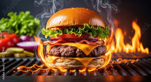 A delicious, fully loaded hamburger bursts into flames on a grill. The burger is topped with melted cheese, crispy bacon, fresh lettuce, juicy tomato slices, and a generous dollop of sauce.