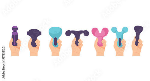 Seven light-skinned hands hold various colored massage tools and vibrators against a white background.