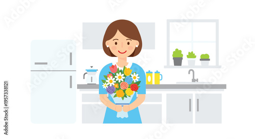 A smiling woman in a blue dress holds a colorful flower bouquet in a modern kitchen.