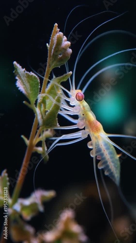 A shrimp with long antennae standing on aquatic plant in dark water with greenish light