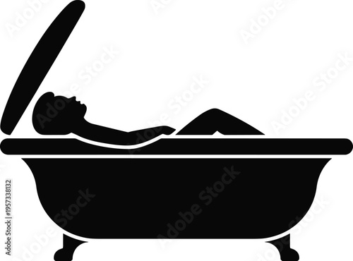 PrintBathtub silhouette with person relaxing, clawfoot tub design, black vector artwork, wellness illustration, spa inspiration, decorative bathroom graphic element