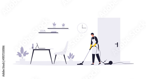 A cleaner in a black uniform and yellow gloves is vacuuming a minimalist office room with a desk and plants.