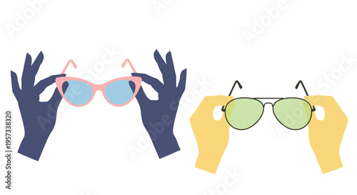 Two pairs of stylized hands are holding different types of sunglasses against a plain white background.