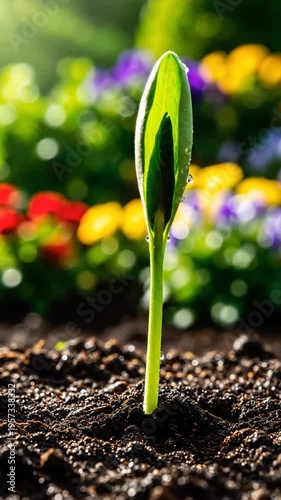 A single green sprout grows in dark soil with colorful flowers in a sunny garden background