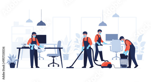 Five masked cleaners in blue overalls are meticulously cleaning a modern office space with desks, chairs, and potted plants.