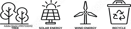 Sustainable energy line icon set with trees, solar panels, wind turbine, and recycle bin symbols