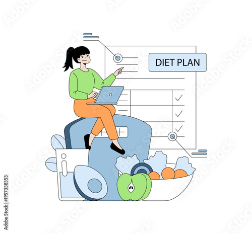 Woman Planning Diet on Laptop Amidst Healthy Foods