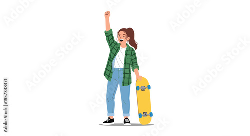 A triumphant young woman holds a yellow skateboard and raises her fist on a white background.