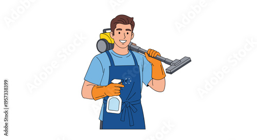 A smiling male cleaner holds a vacuum cleaner and a spray bottle on a white background.