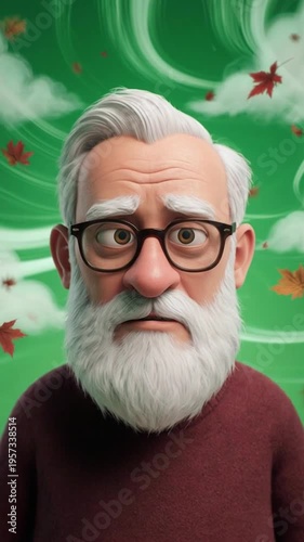 Cartoon old man with white hair and beard against green background with autumn leaves