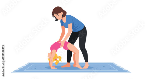 A woman helps a young girl perform a backbend on a blue mat in a white studio.