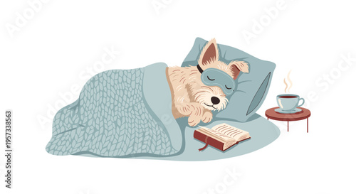 A small dog sleeps soundly under a blanket with a sleep mask, beside a table holding a book and a cup of coffee.