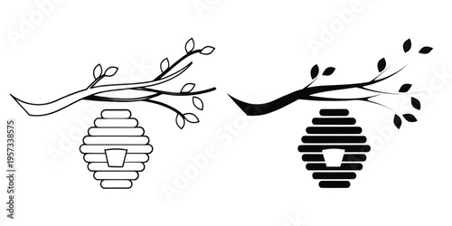 A black and white illustration showing two variations of a beehive hanging from a tree branch