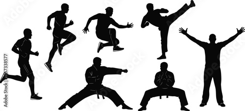 Active men silhouettes set showing running, jumping, kicking and stretching poses, dynamic fitness and martial movement isolated on white background concept