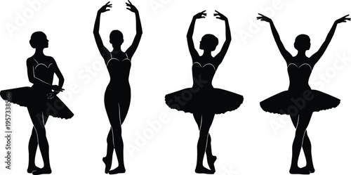 Ballet dancer silhouettes set featuring elegant poses and classical movements, graceful performance collection isolated on white background, art and dance concept