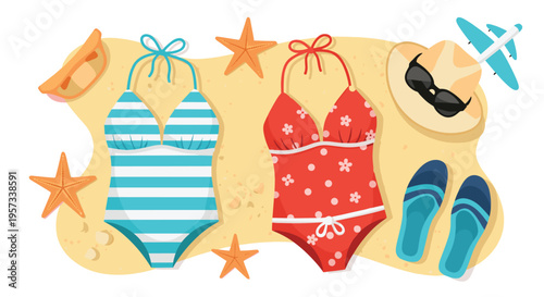 Two swimsuits, starfish, a hat, sunglasses, a toy plane, and flip-flops are arranged on a sandy beach background.