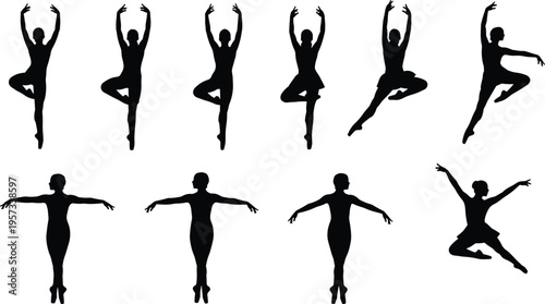 Ballet dancer silhouettes set featuring graceful poses jumps and balance positions isolated on white background artistic dance vector illustration