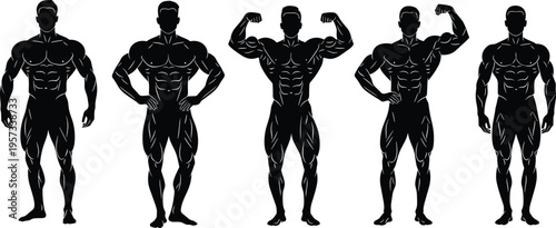 Bodybuilder silhouettes set showcasing muscular male physique posing front double biceps and relaxed stances isolated fitness vector illustration