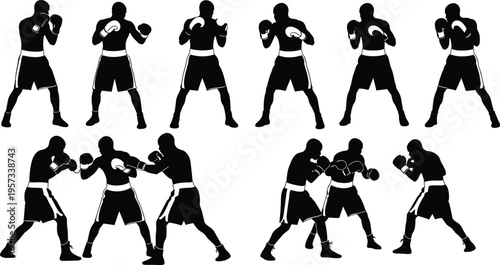 Boxing fighters silhouettes set showing punches and defensive stances, dynamic combat sport actions isolated on white background, training and competition concept
