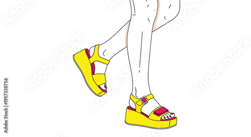 Two legs and feet are shown wearing bright yellow platform sandals with pink accents on a plain white background.