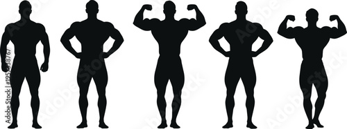 Bodybuilder silhouettes set showing muscular poses and flexing positions, strong athletic physique collection isolated on white background, fitness and strength concept