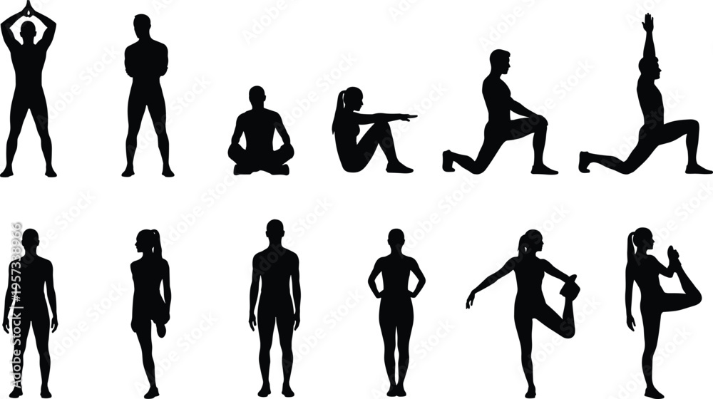 Fototapeta premium Fitness and yoga silhouettes set showing stretching, lunges and balance poses, healthy lifestyle collection isolated on white background wellness concept