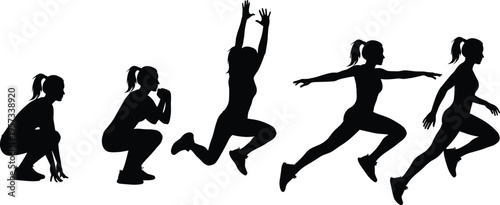 Female fitness silhouettes set showing squat to jump sequence, dynamic workout progression isolated on white background, strength and cardio training concept